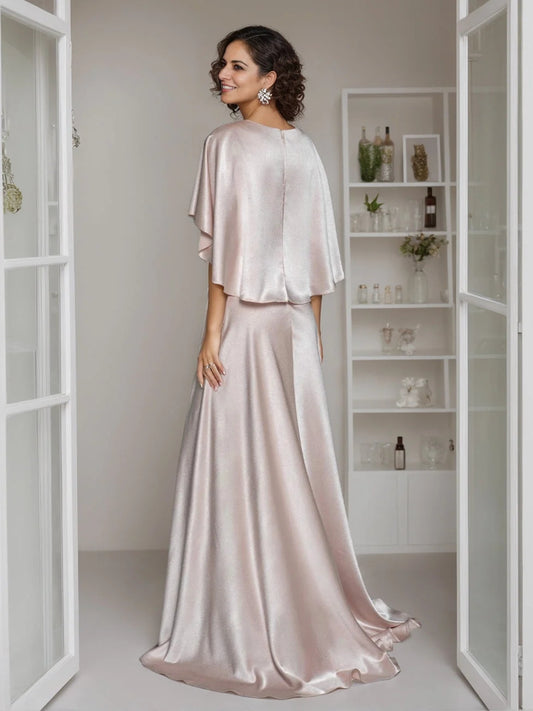 Champagne floor-length mother of the bride dress, alternate view showing the bodice and skirt