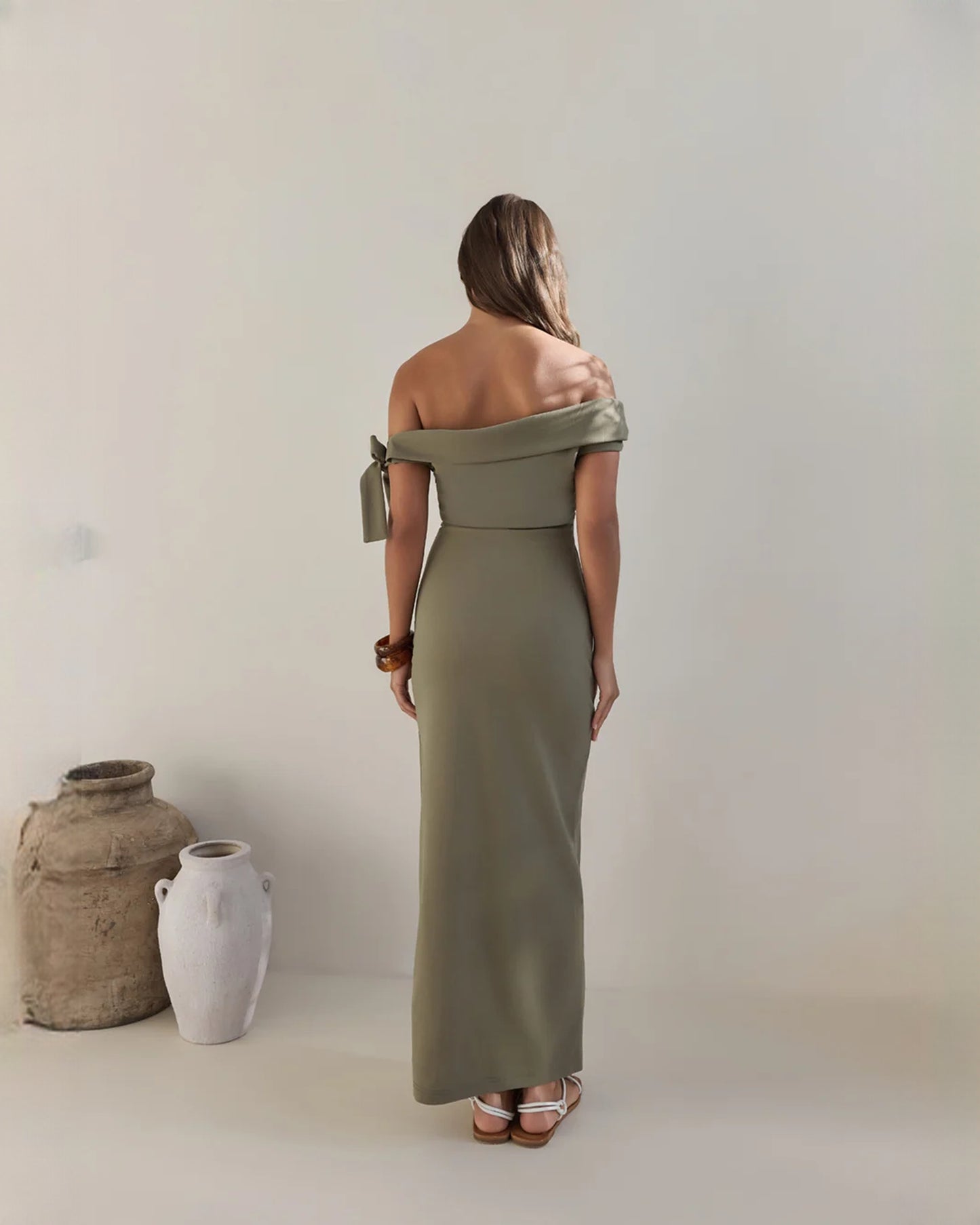 off-shoulder structured satin a-line maxi bridesmaid dress - image 2