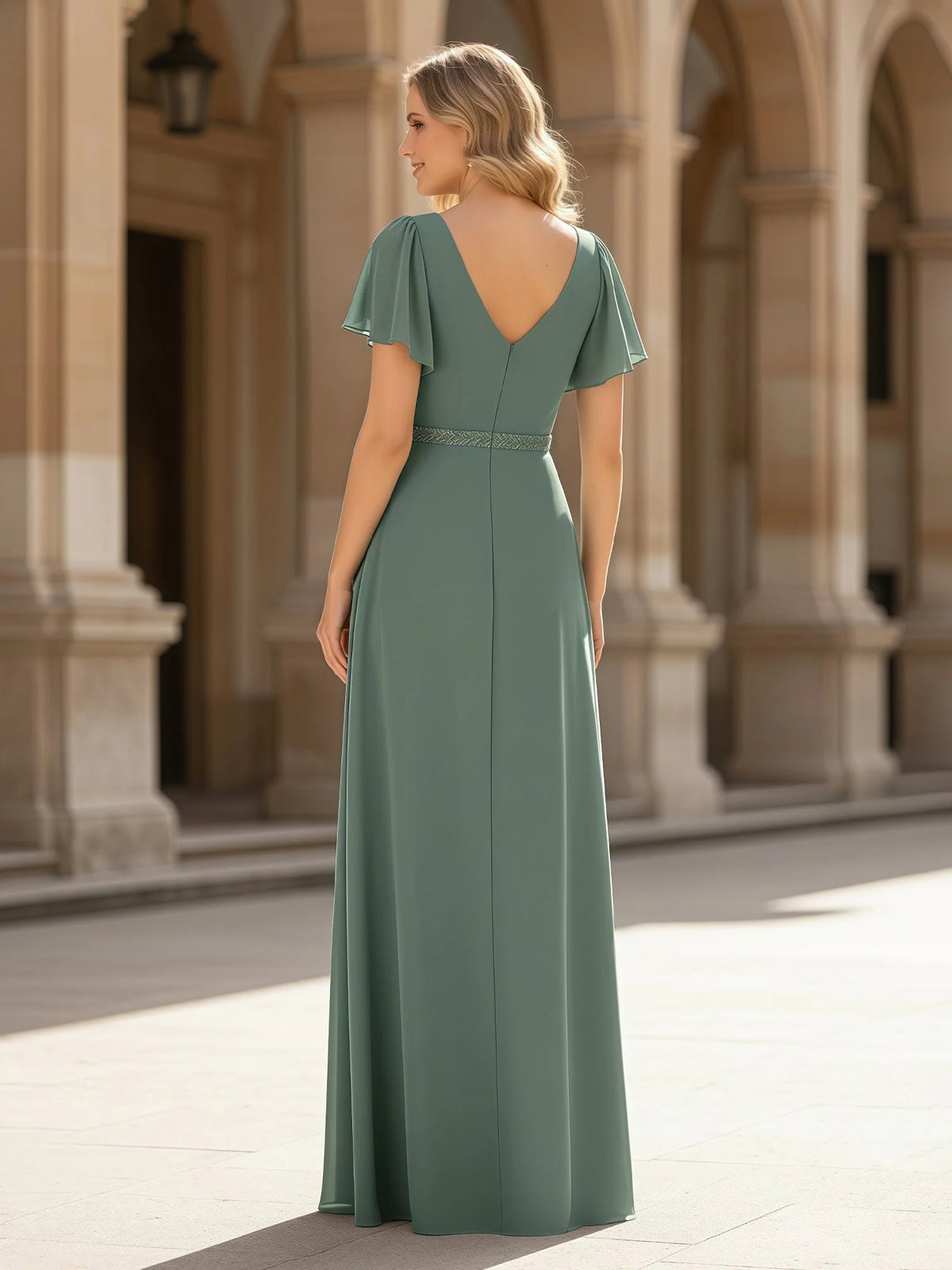 Ink Blue maxi bridesmaid dress, alternate view showing the bodice and skirt