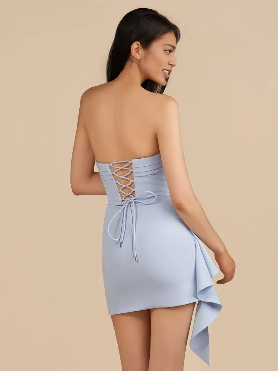 Light Blue mini homecoming dress, back view showing the rear of the dress
