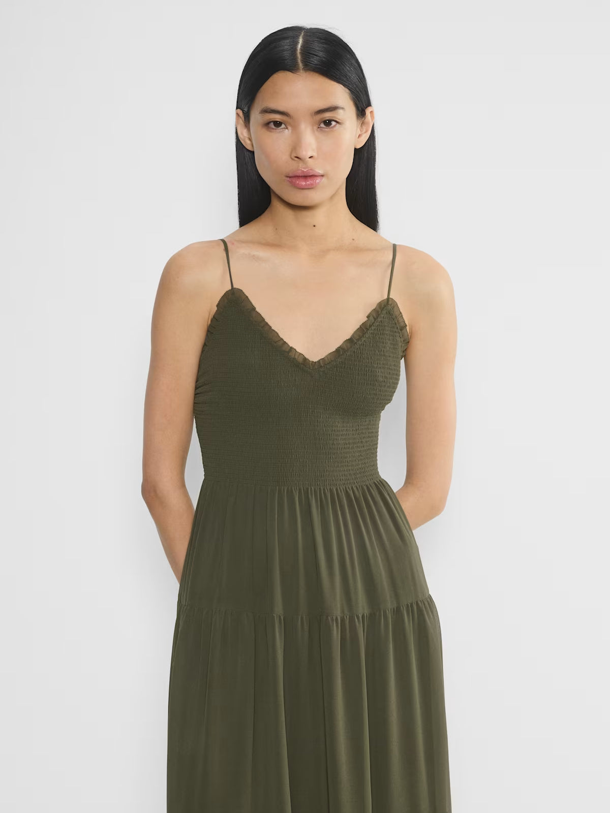 olive midi formal dress with tiered skirt, alternate view