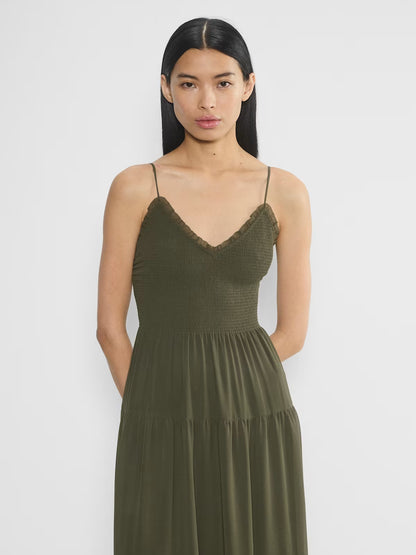 olive midi formal dress with tiered skirt, alternate view