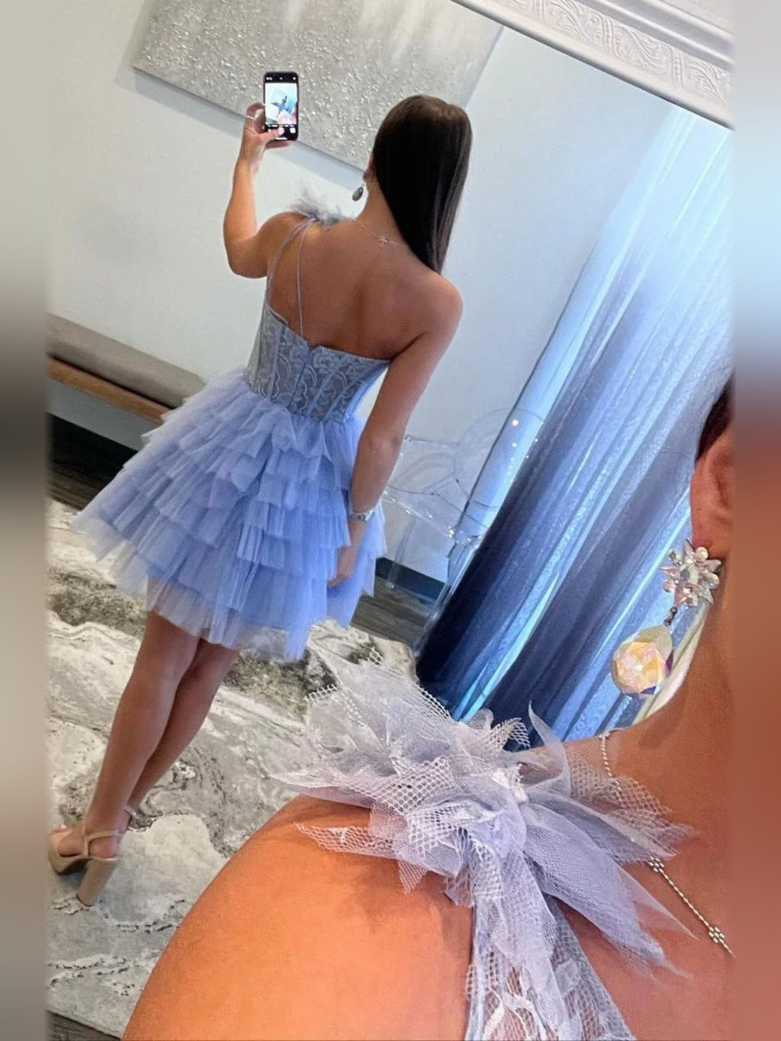 Lavender short homecoming dress, back view showing the rear of the dress