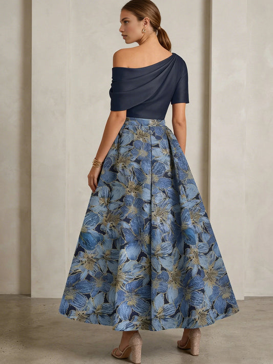 Navy Blue short mother of the bride dress, alternate view showing the bodice and skirt