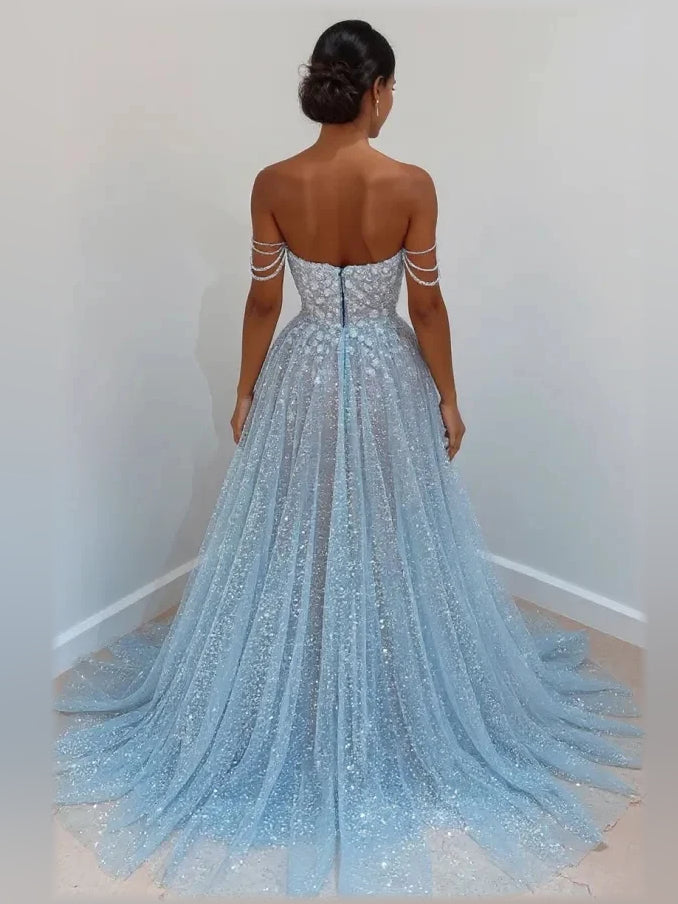 Light Blue a-line floor-length formal dress with floral appliqué, alternate view
