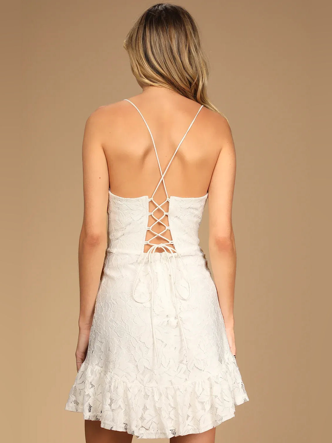White short homecoming dress, back view showing the rear of the dress