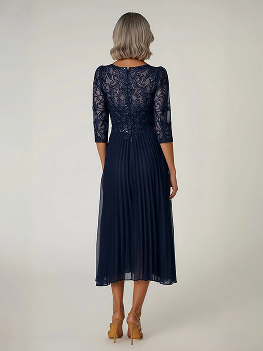 Navy Blue midi mother of the bride dress, alternate view showing the bodice and skirt