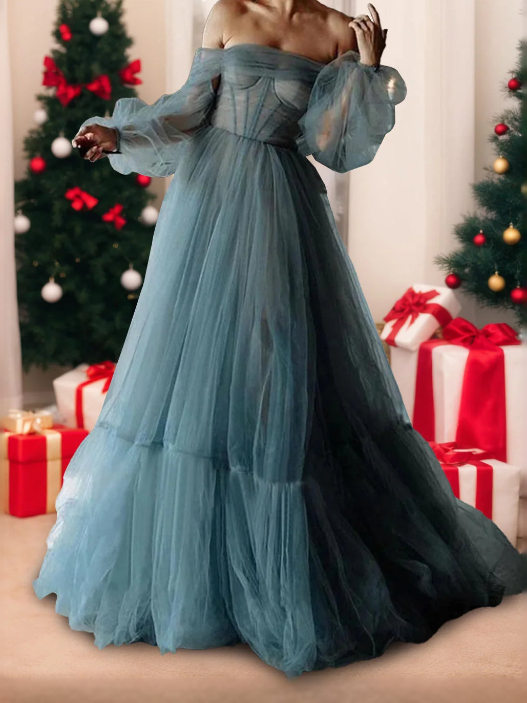 Dusty Blue maxi prom dress, alternate view showing the bodice and skirt
