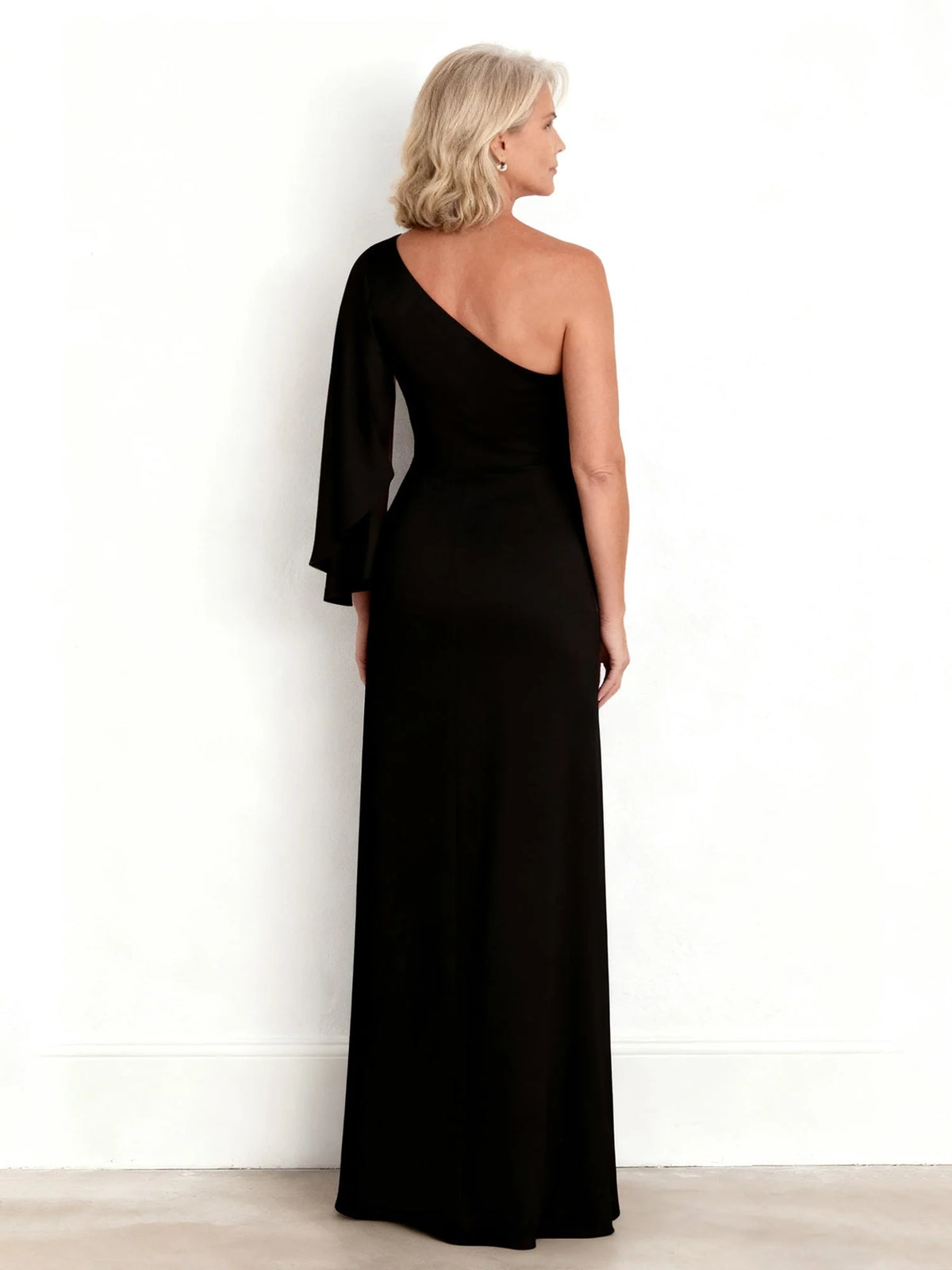 Black floor-length mother of the bride dress, alternate view showing the bodice and skirt