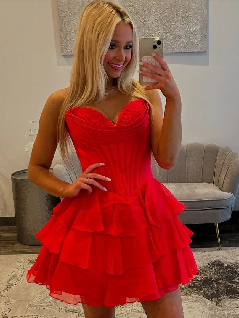 Red mini homecoming dress, back view showing the rear of the dress