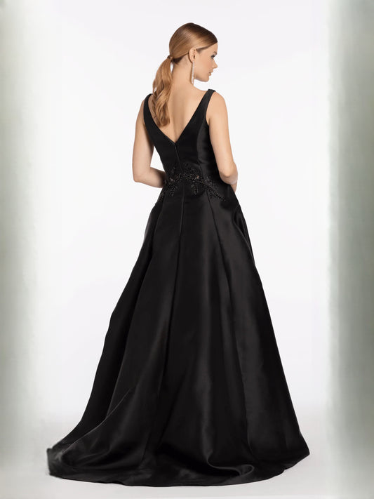 Black a-line floor-length formal dress with floral appliqué, alternate view