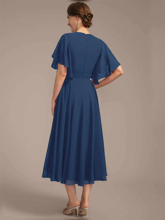 Dark Blue tea-length mother of the bride dress, alternate view showing the bodice and skirt