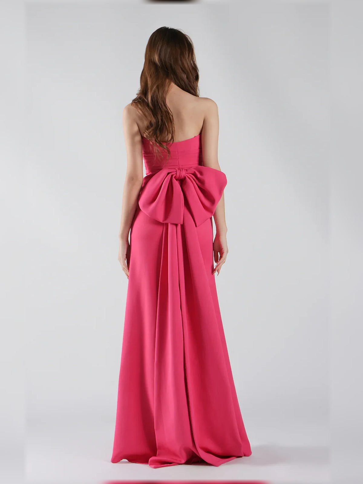 Hot Pink mermaid floor-length formal dress with bow detail, alternate view