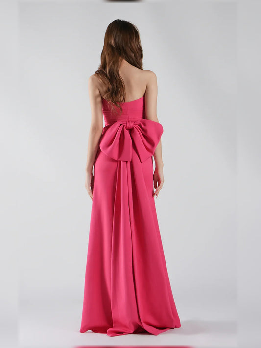 Hot Pink mermaid floor-length formal dress with bow detail, alternate view