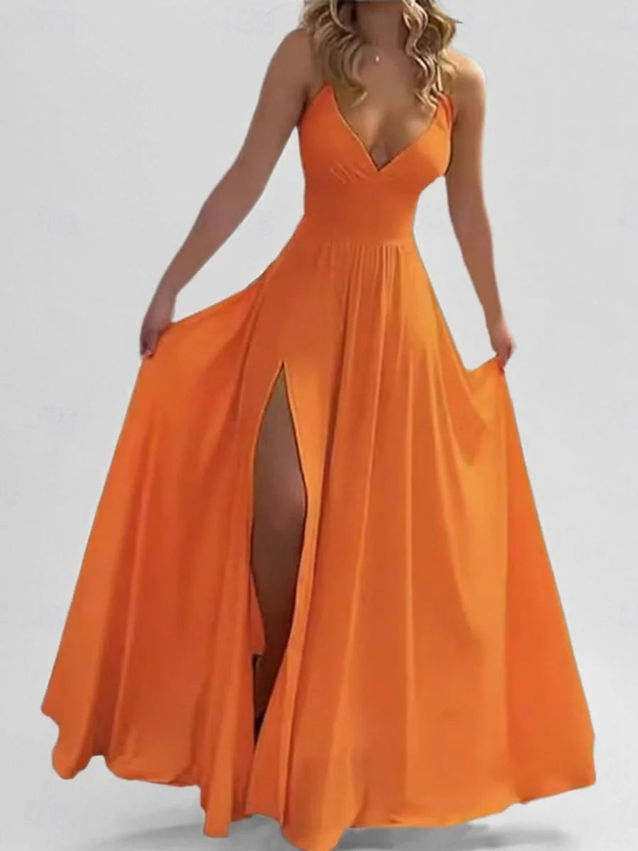 Burnt Orange maxi prom dress, alternate view showing the bodice and skirt
