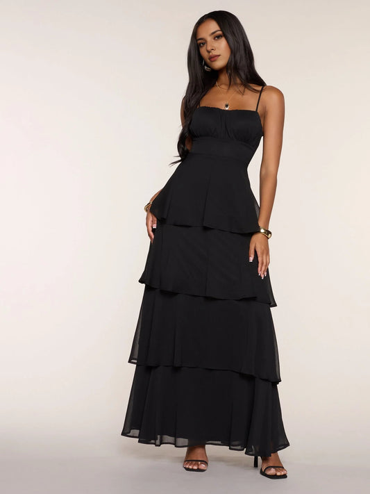 Black floor-length prom dress, alternate view showing the bodice and skirt