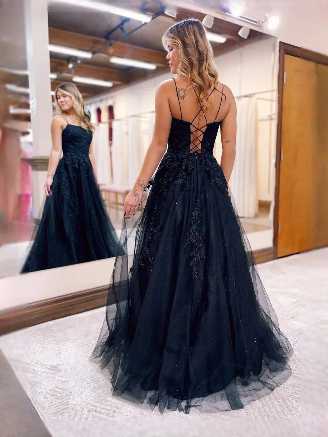 Black maxi prom dress, alternate view showing the bodice and skirt