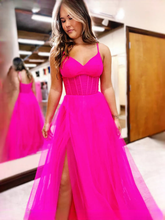 Hot Pink floor-length prom dress, alternate view showing the bodice and skirt