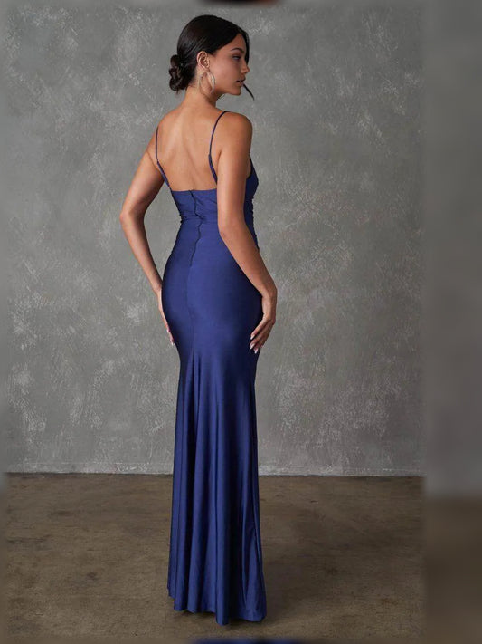 Navy Blue sheath floor-length formal dress with skirt slit, alternate view