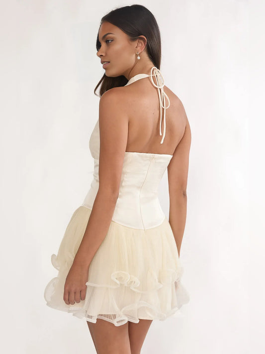 Ivory mini homecoming dress, back view showing the rear of the dress