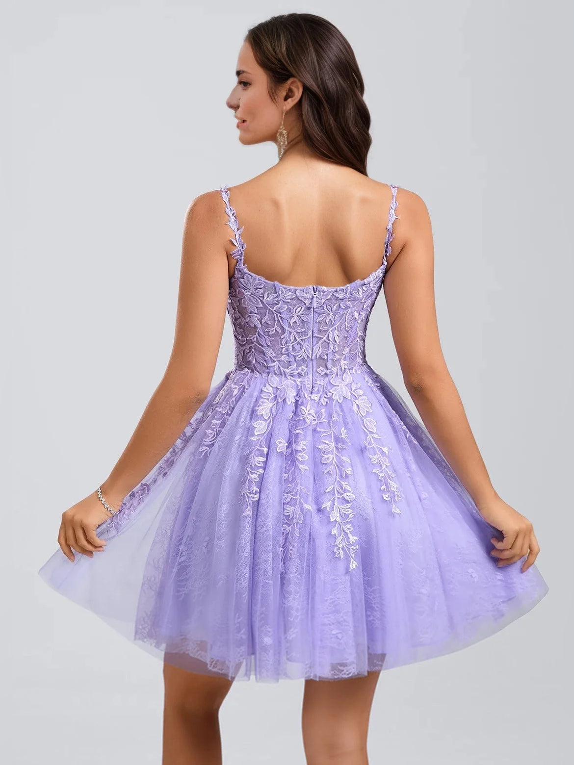 Light Purple mini homecoming dress, back view showing the rear of the dress