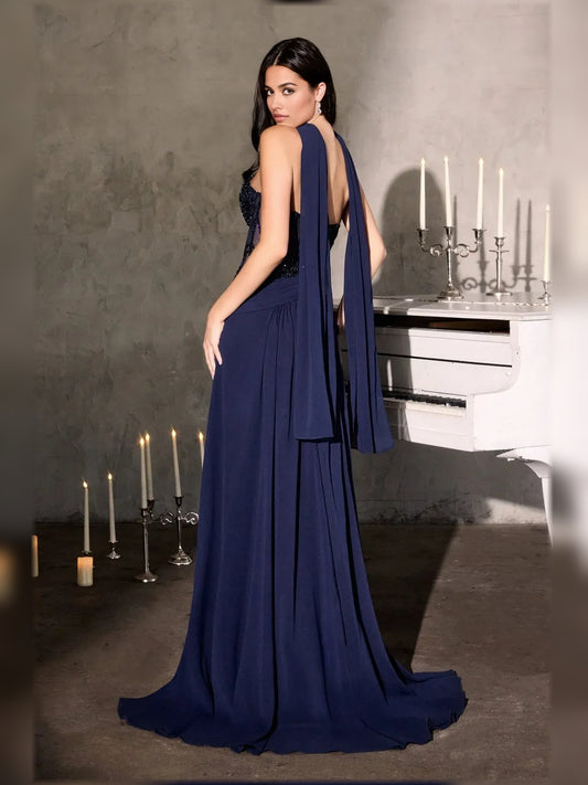 Navy Blue floor-length mother of the bride dress, alternate view showing the bodice and skirt