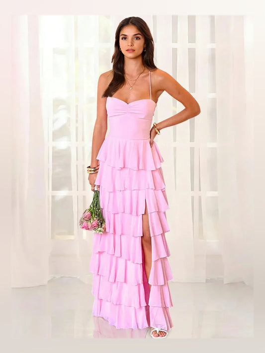 Pink maxi prom dress, alternate view showing the bodice and skirt