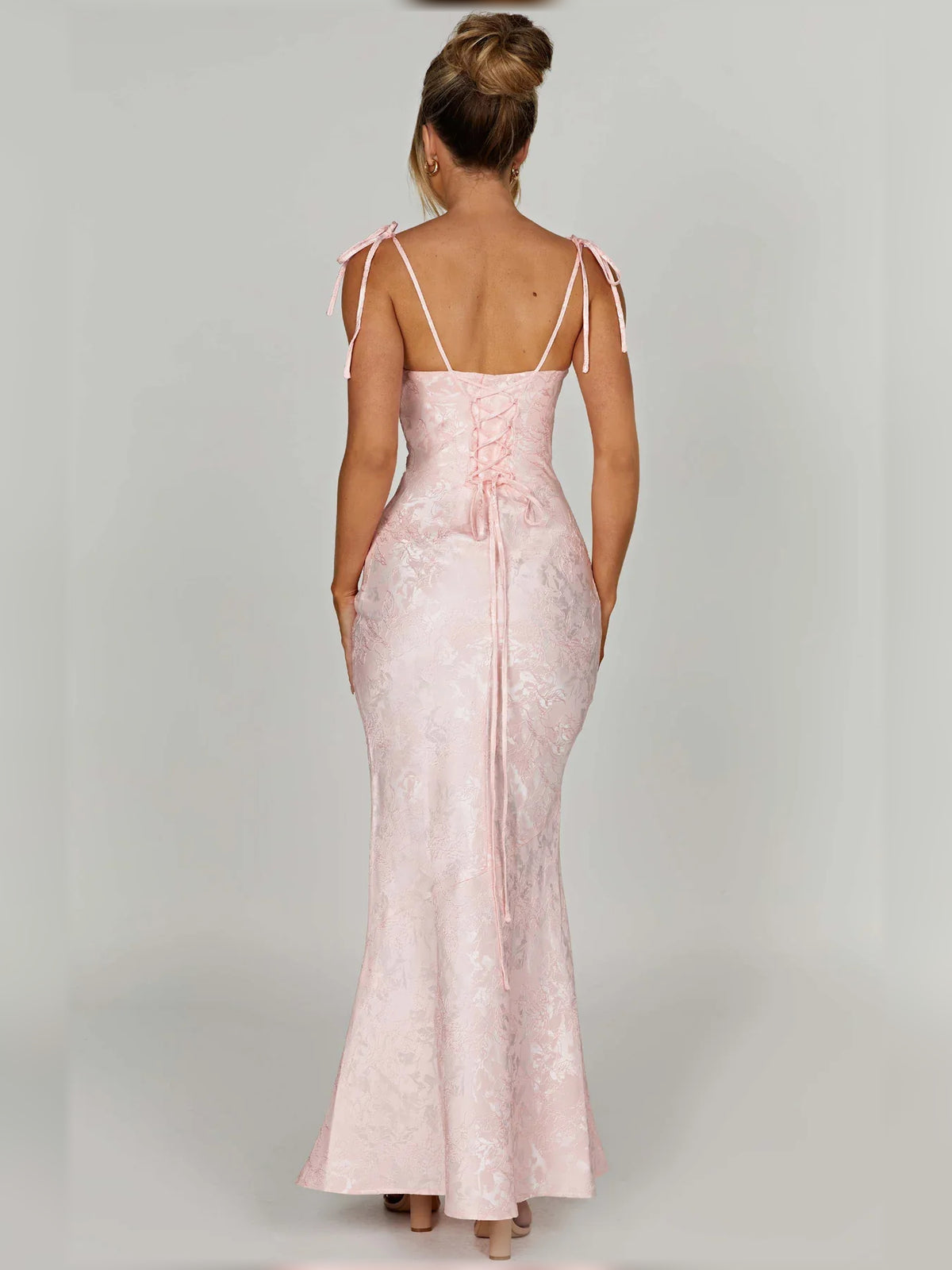Blush Pink mermaid floor-length formal dress with floral print, alternate view