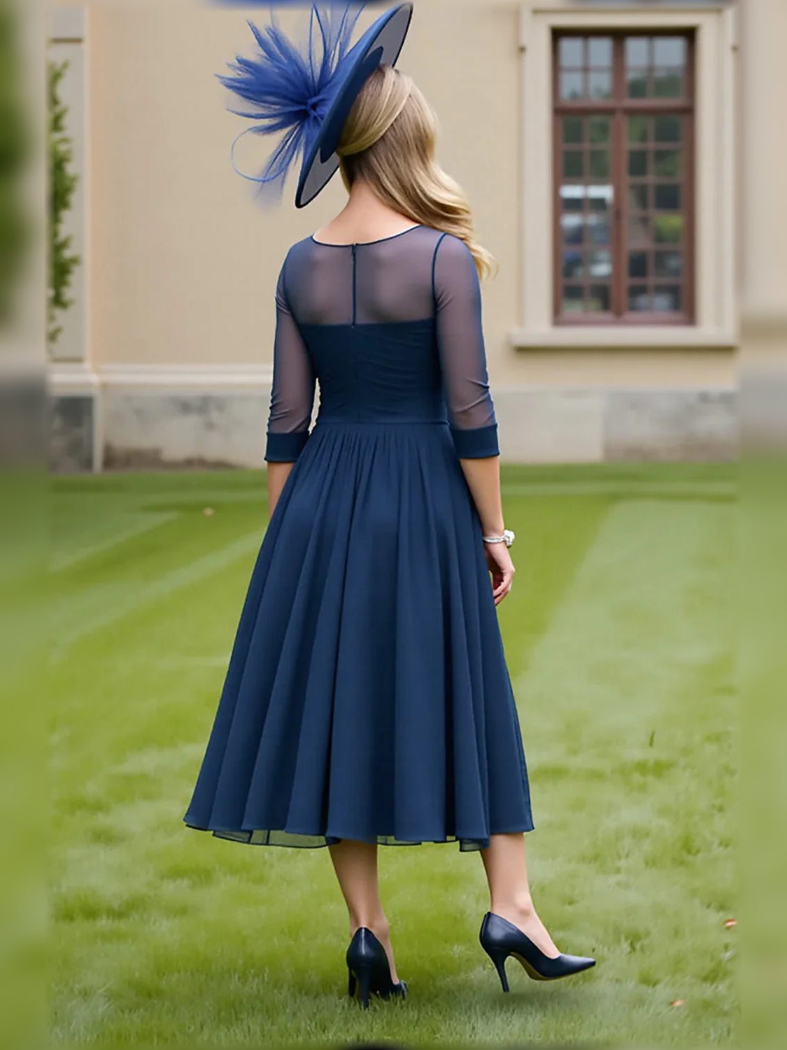 Navy Blue midi mother of the bride dress, alternate view showing the bodice and skirt