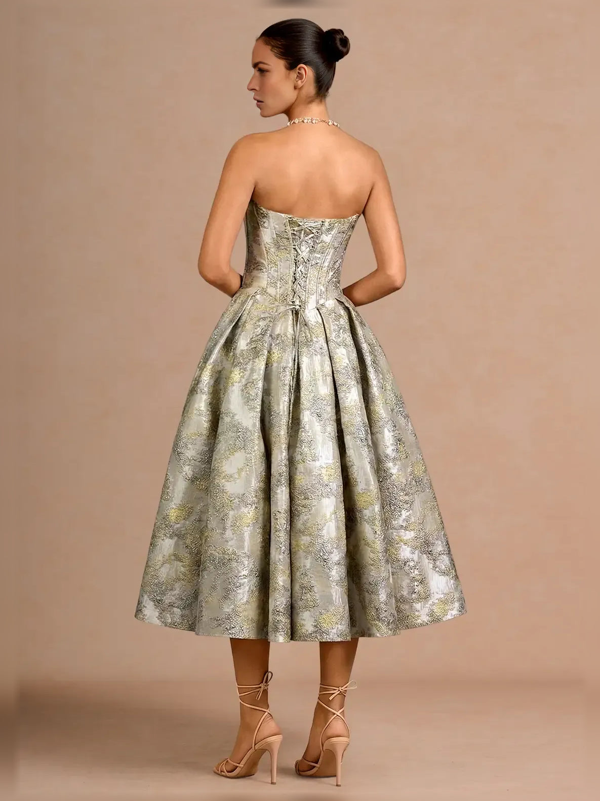 As Picture fit-and-flare tea-length formal dress with corset-style bodice, alternate view
