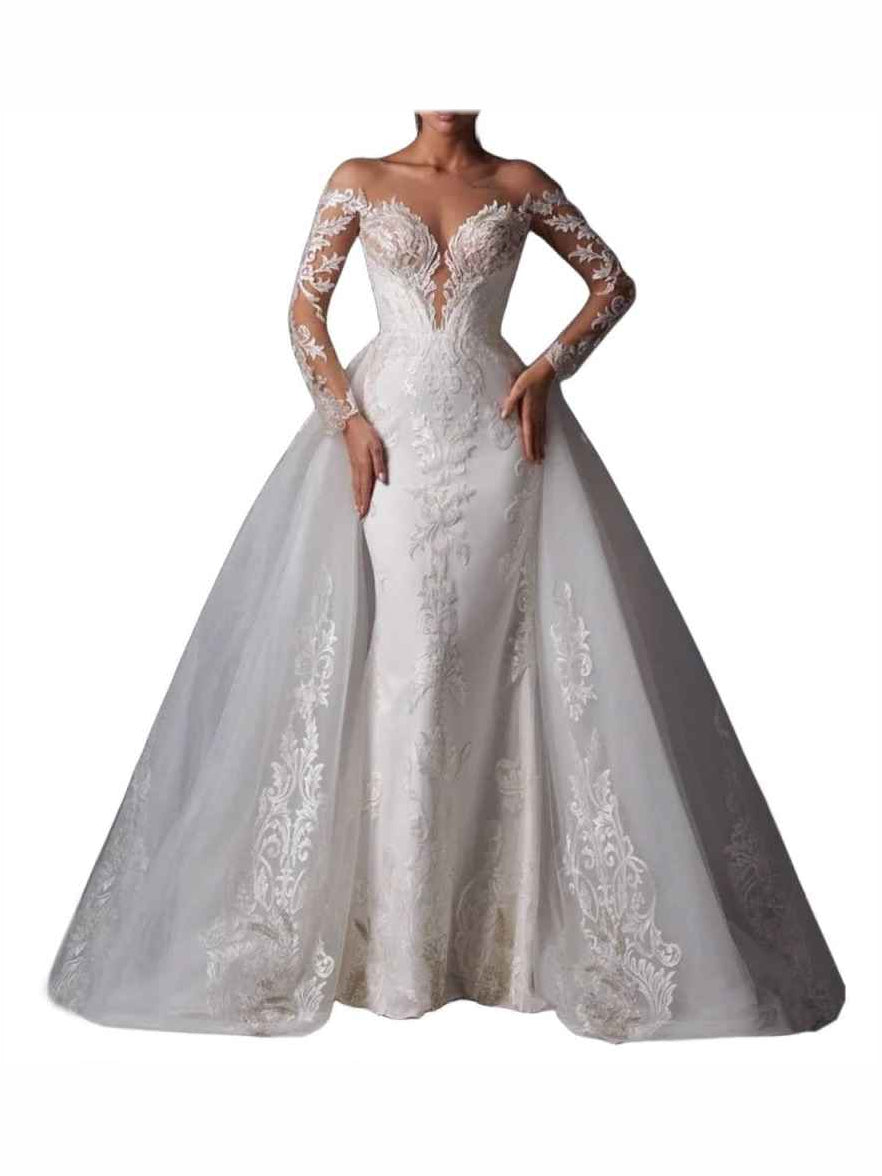 White floor-length wedding dress, alternate view showing the bodice and skirt