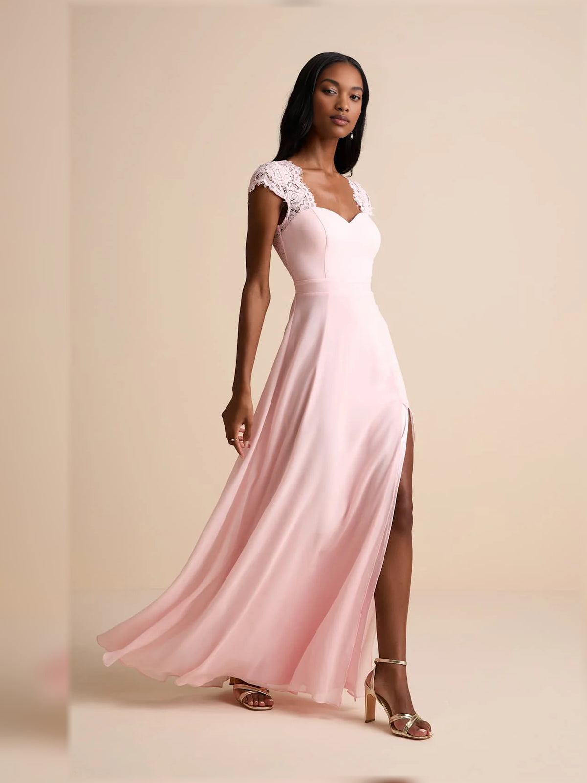 Blush Pink maxi bridesmaid dress, alternate view showing the bodice and skirt