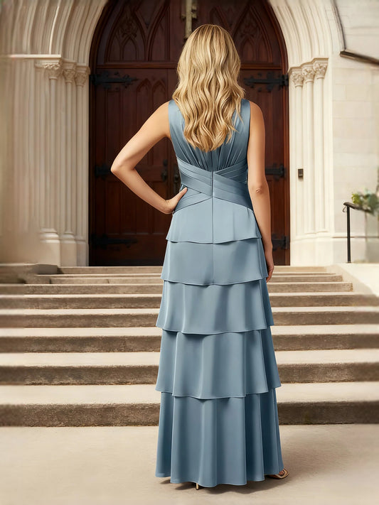 Dusty Blue maxi prom dress, alternate view showing the bodice and skirt