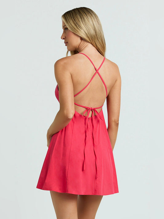 Red mini homecoming dress, alternate view showing the bodice and skirt