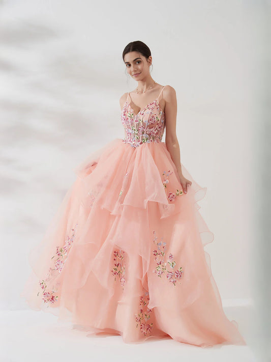 Coral floor-length prom dress, alternate view showing the bodice and skirt