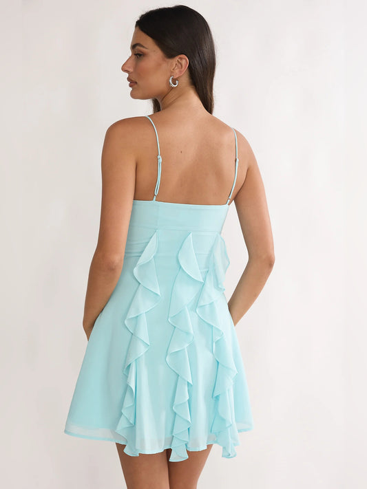 Aqua mini homecoming dress, alternate view showing the bodice and skirt