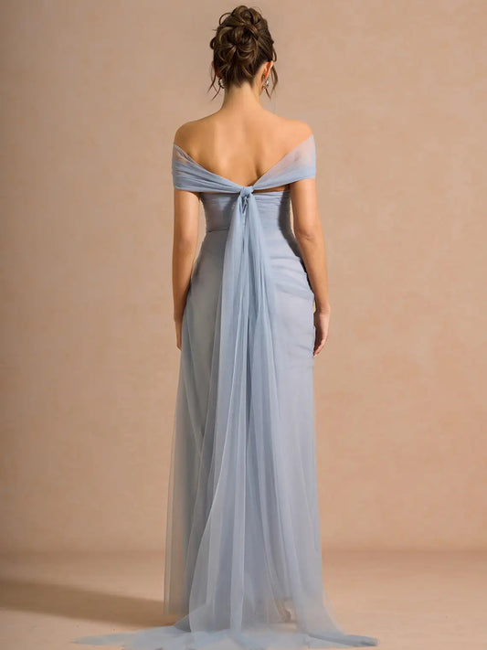 Powder Blue column floor-length formal dress with skirt slit, alternate view