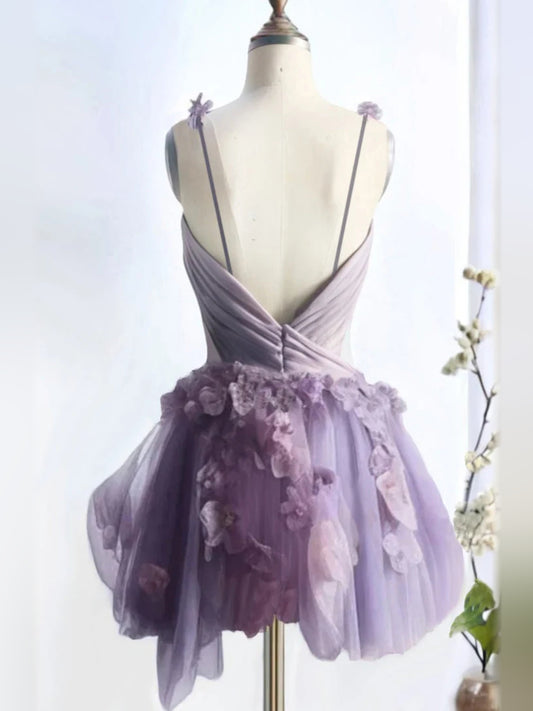Lilac mini homecoming dress, back view showing the rear of the dress
