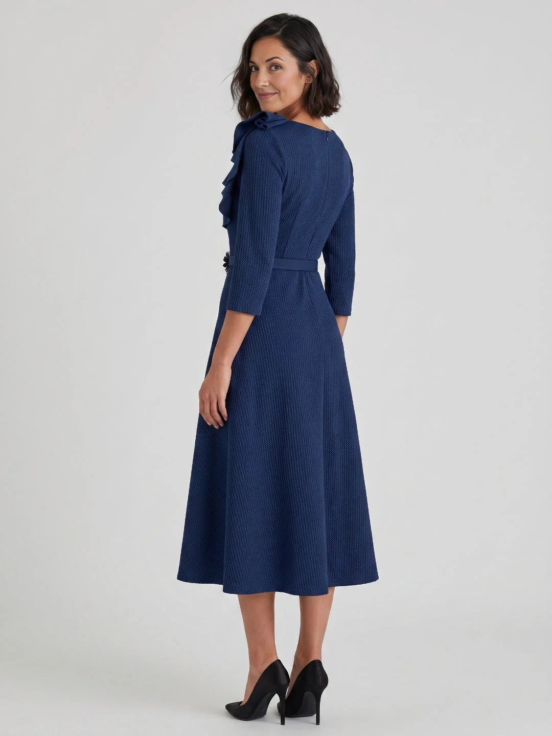 Dark Blue midi mother of the bride dress, alternate view showing the bodice and skirt