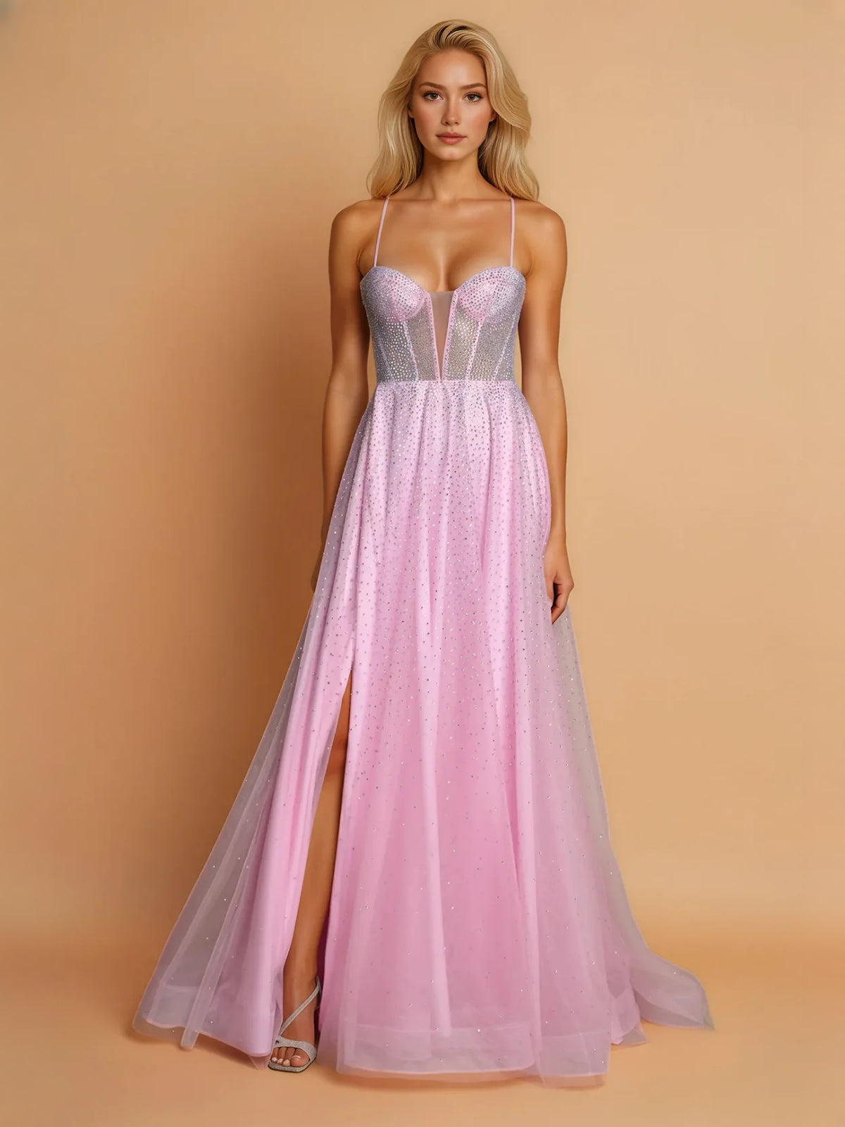 Pink maxi prom dress, alternate view showing the bodice and skirt