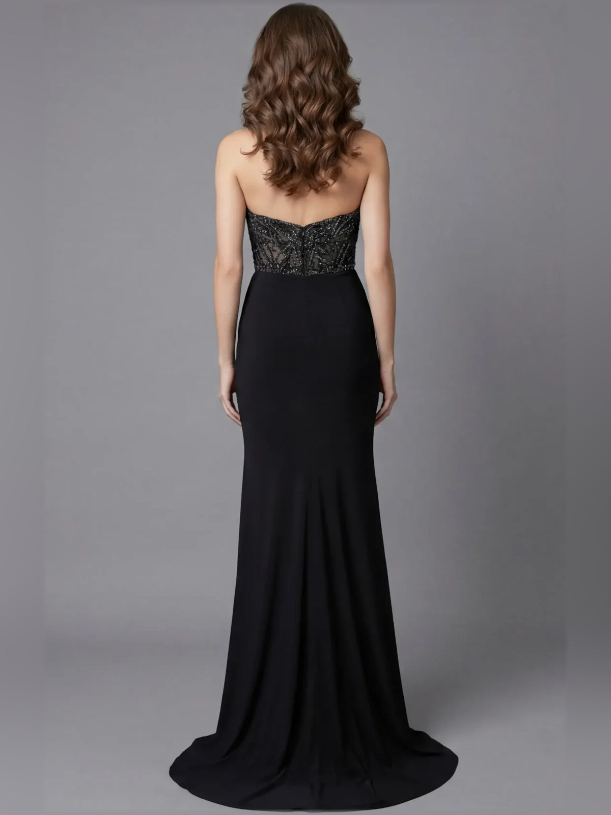 Black mermaid floor-length formal dress with skirt slit, alternate view