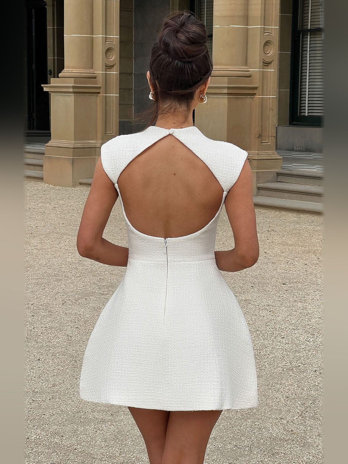Ivory mini homecoming dress, alternate view showing the bodice and skirt