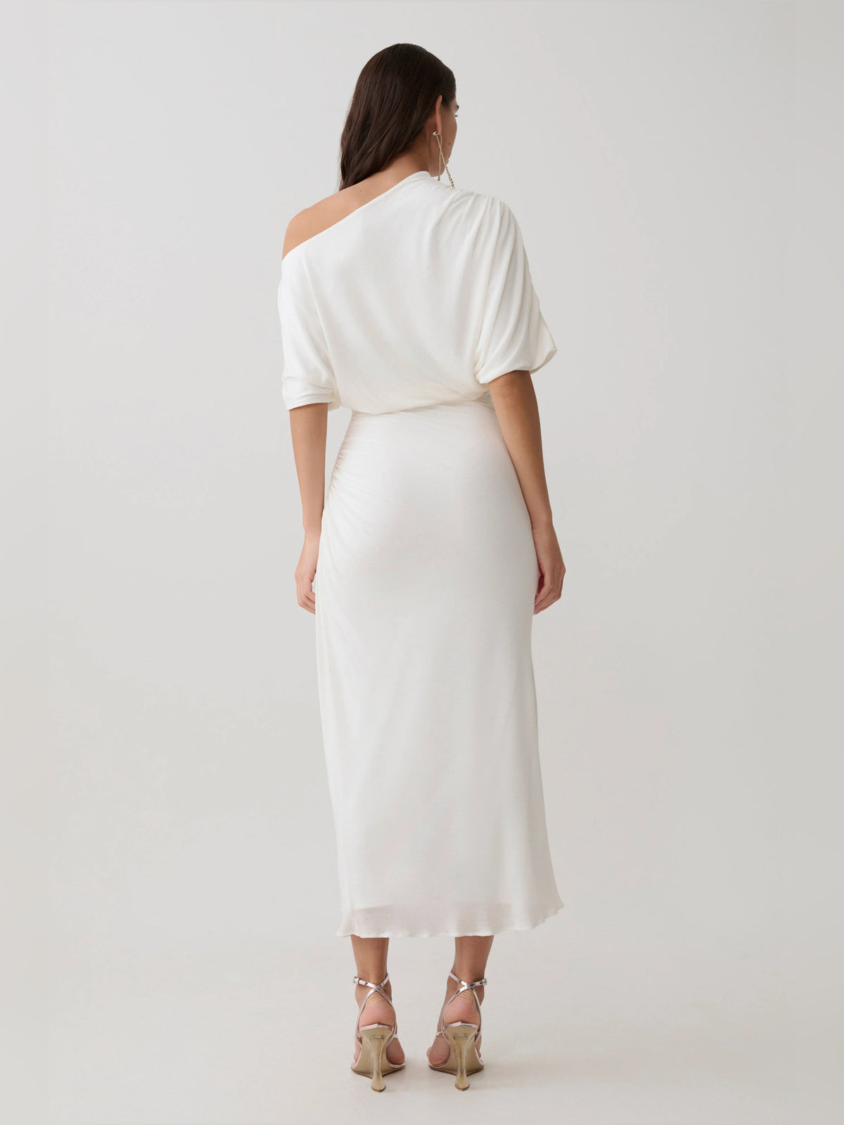 White midi formal dress with draping, alternate view