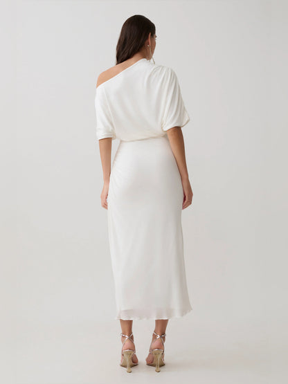 White midi formal dress with draping, alternate view