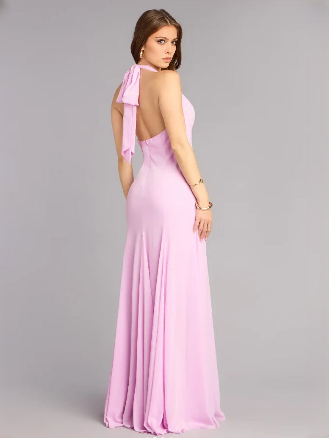 Lavender floor-length prom dress, back view showing the rear of the dress