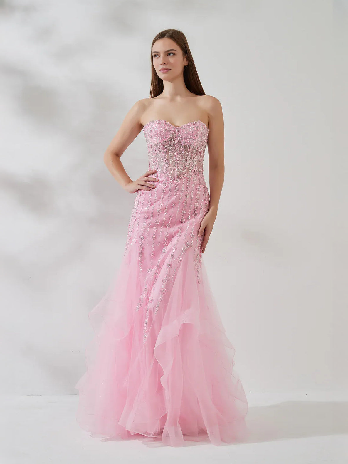 Pink floor-length prom dress, alternate view showing the bodice and skirt