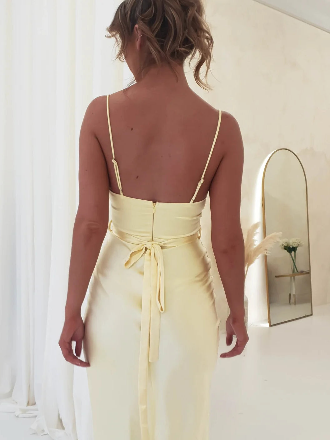 Yellow ankle-length bridesmaid dress, alternate view showing the bodice and skirt