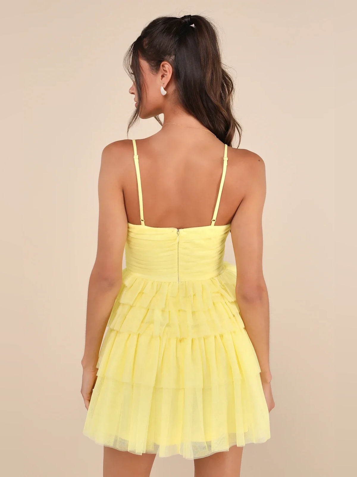 Canary mini homecoming dress, back view showing the rear of the dress