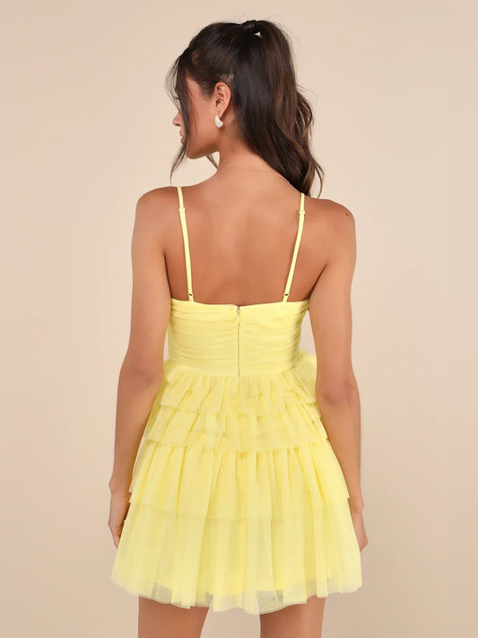Canary mini homecoming dress, back view showing the rear of the dress