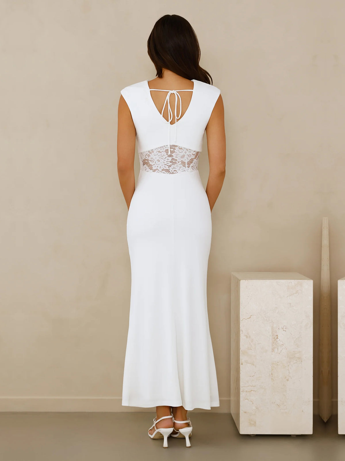 White sheath maxi formal dress with sheath, full-length back view